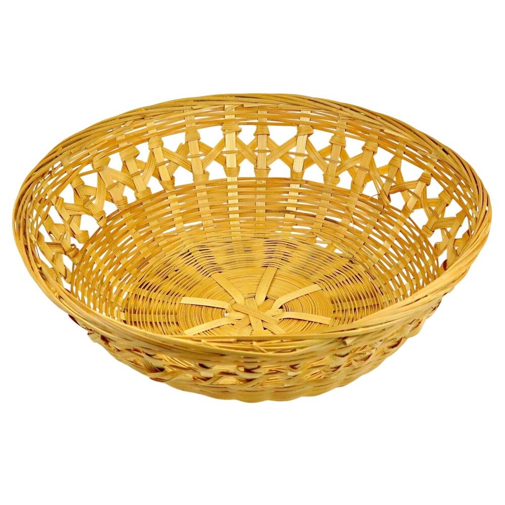 Vintage Handwoven Rattan Basket 1960s Round Mid-Century Open‑Weave Bowl